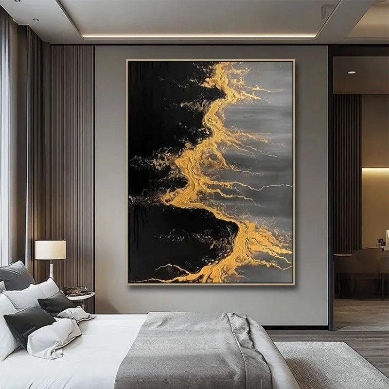 Handmade abstract golden beach and waves oil painting on canvas for living room decor