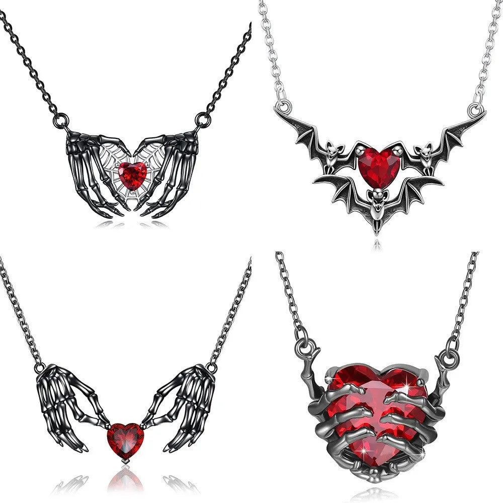 Dark red love ghost claw pendant necklace with copper heart shape on O-ring chain, adjustable perimeter 41-50cm