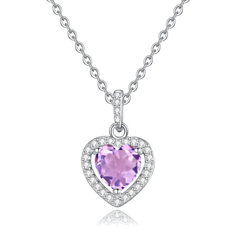 925 silver necklace with heart-shaped pendant containing natural gemstone on cross chain