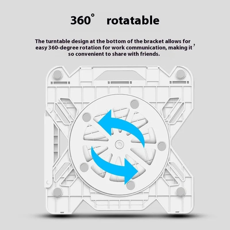 Black and white ABS plastic laptop cooling stand with rotating and non-rotating base options.