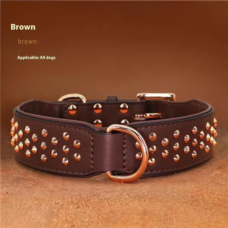 Leather dog collar with metal rivets in black, chocolate, or pink for large breed training