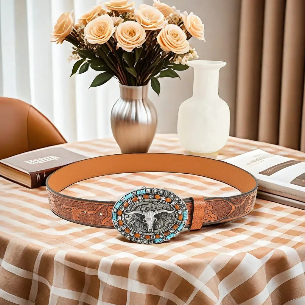 Cow head buckle men's imitation leather belt in black and brown colour options showing decorative alloy buckle detail