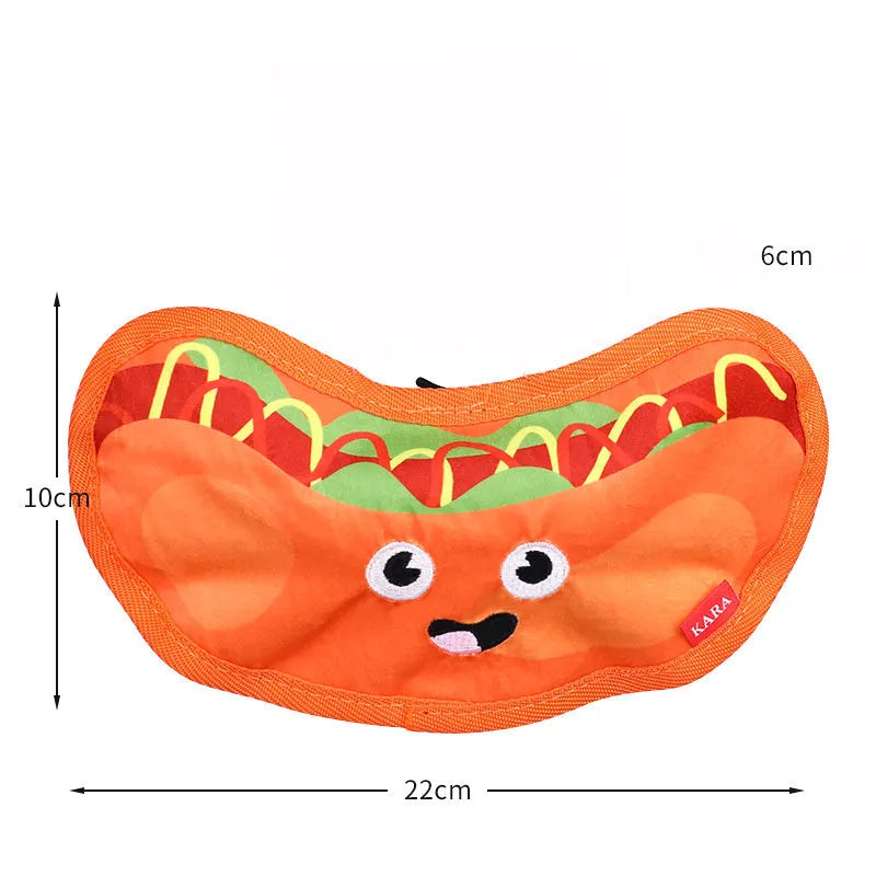 Hamburger shaped crinkle and squeak dog toy with no stuffing for safe interactive play