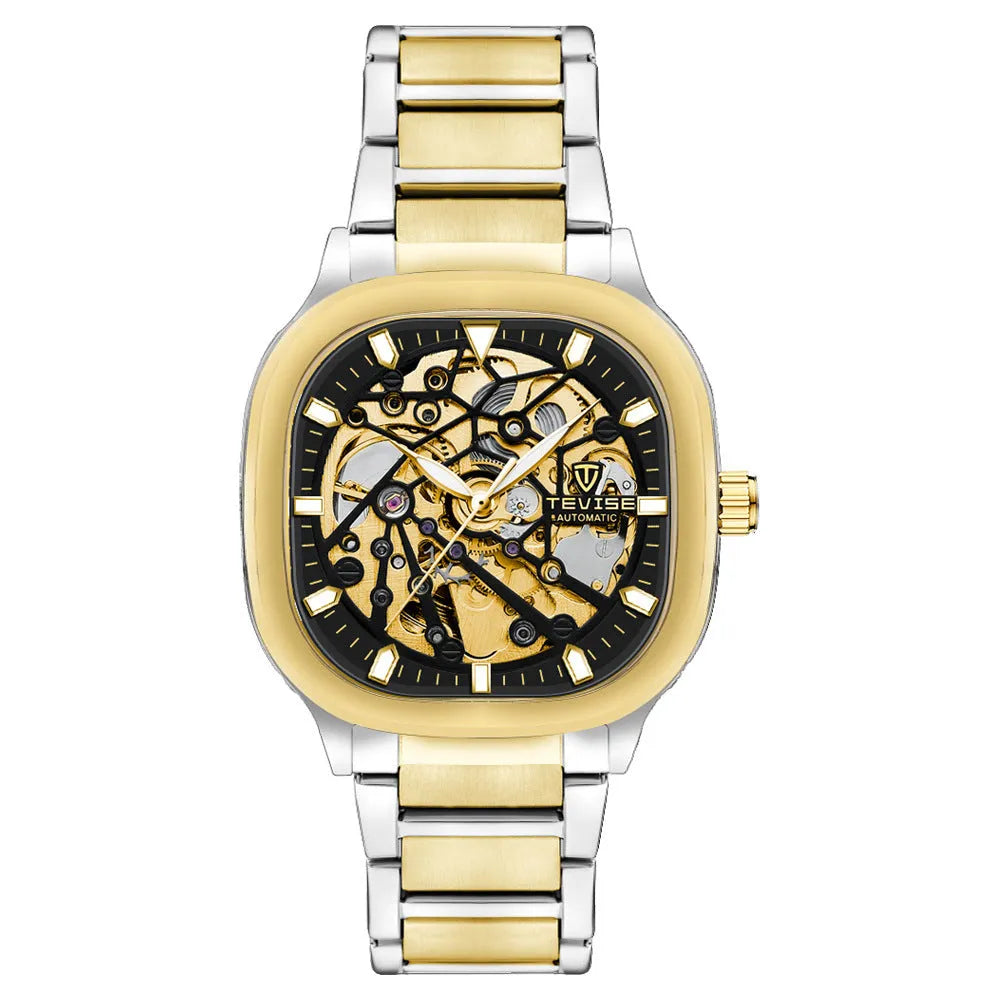Men's automatic waterproof watch with square luminous dial and stainless steel strap