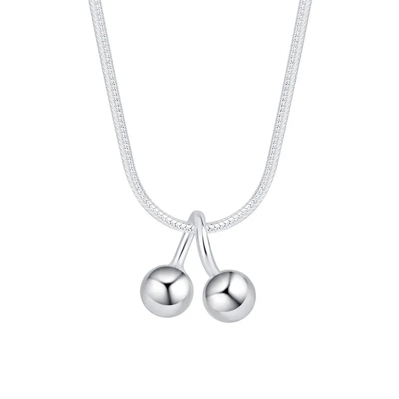 Adjustable silver cherry necklace with snake bone chain and fruit pendant