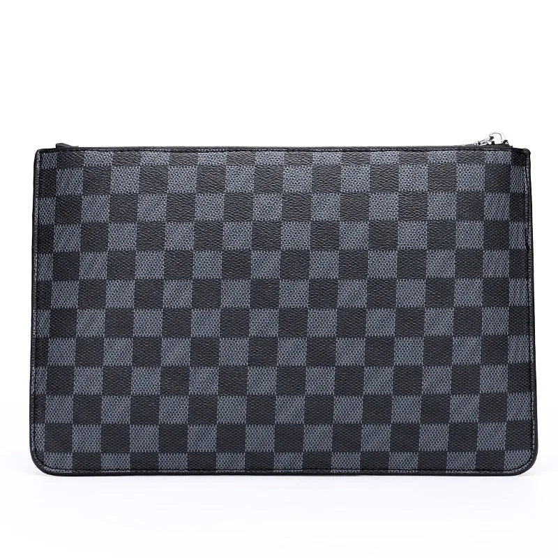 Men's soft PU leather clutch showing card slots, bill compartments, and zipper pocket