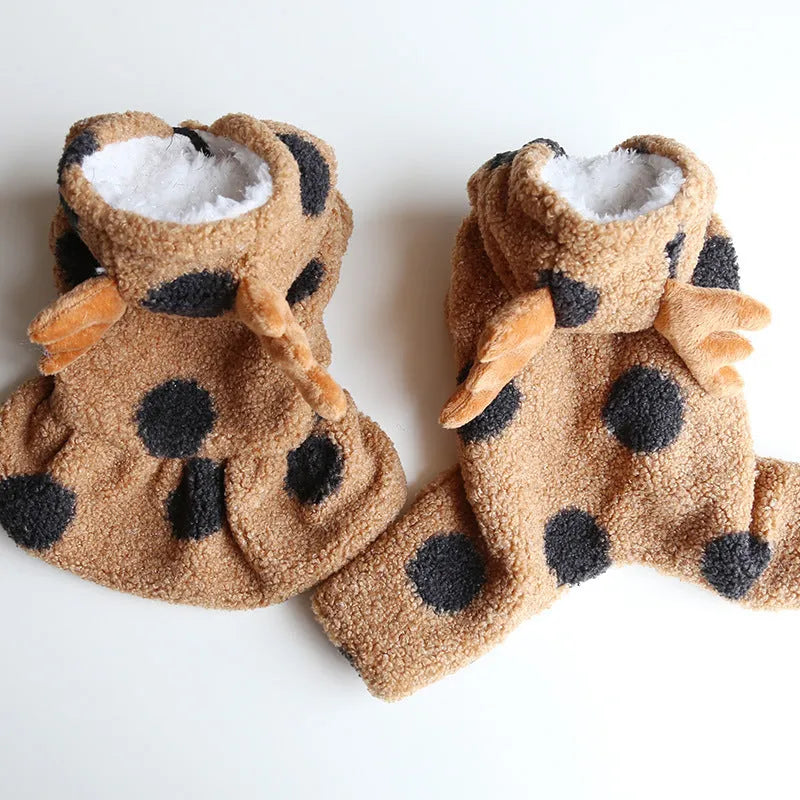 Dog or cat wearing polka dot clothing with an elk couple design, showing skirt and four-legs style options.