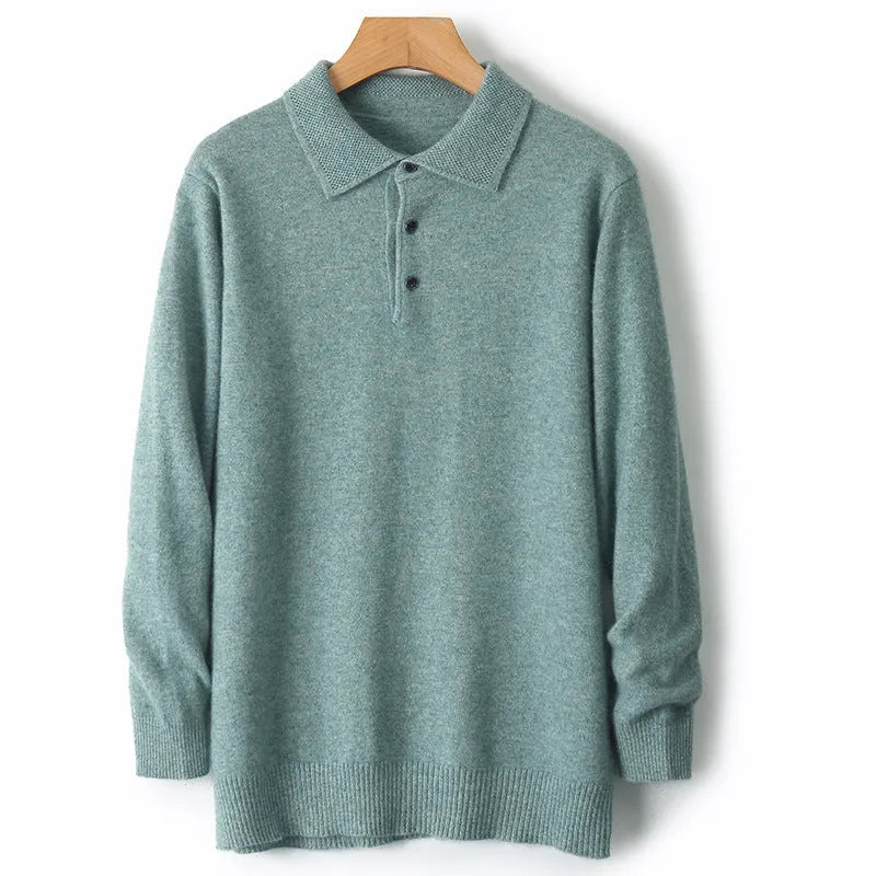 Men's wool polo collar pullover sweater in multiple colours with long sleeves and collage stitching detail.