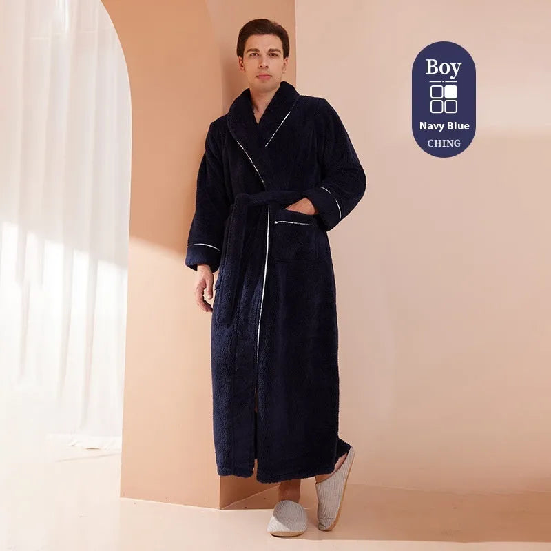 Men's and women's thick flannel bathrobe couple set in winter colours with extended plus sizing
