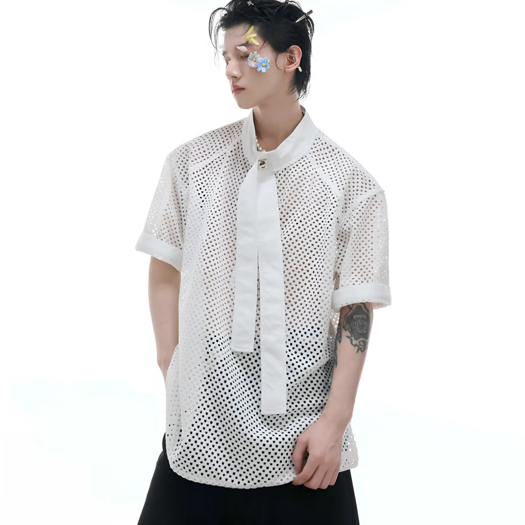 Men's black T-shirt with tie stitching and metal tassel decoration on front
