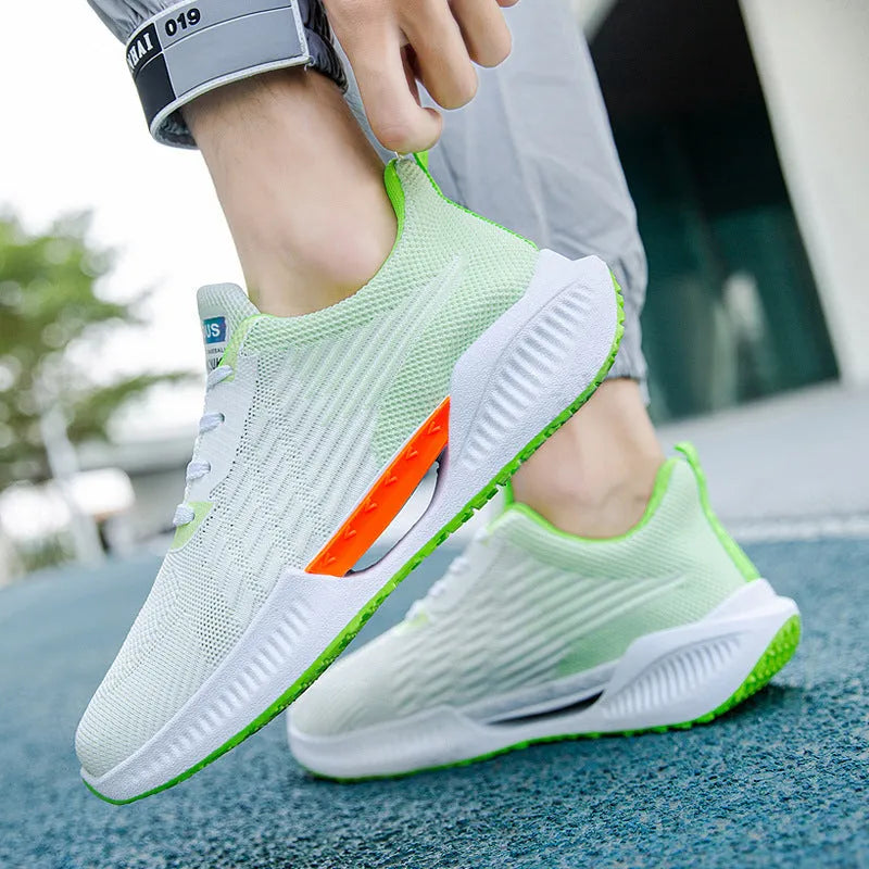 Men's blue breathable casual sports shoe with cloth upper and plastic sole on a white background.