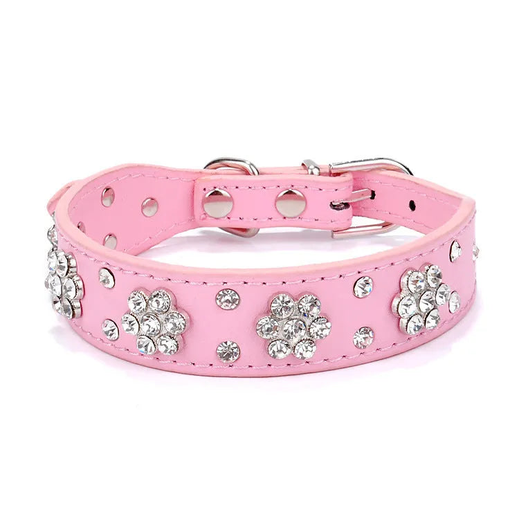 Black PU leather dog collar with sparkling rhinestone flower pattern and metal D-ring