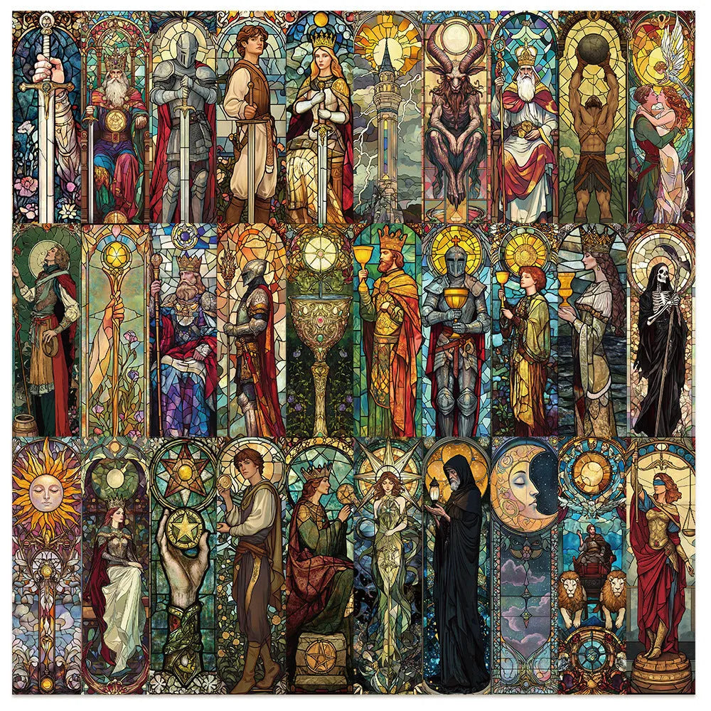 30 painted glass tarot paper bookmarks laid out showing different designs