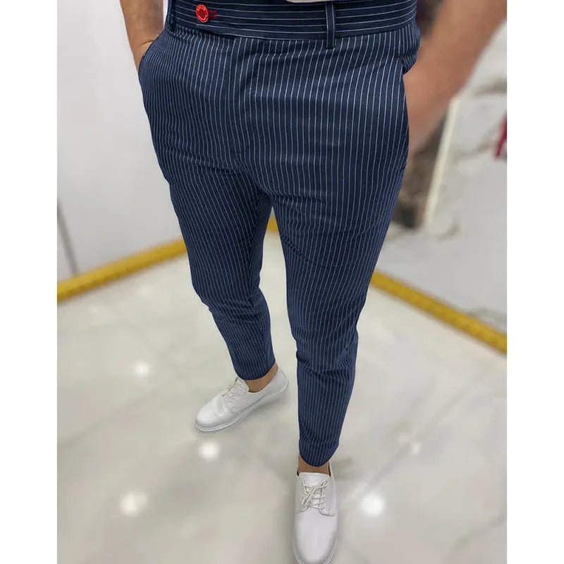 Men's thin striped slim casual trousers in chemical fibre blend, mid waist, button fly, available in multiple colours