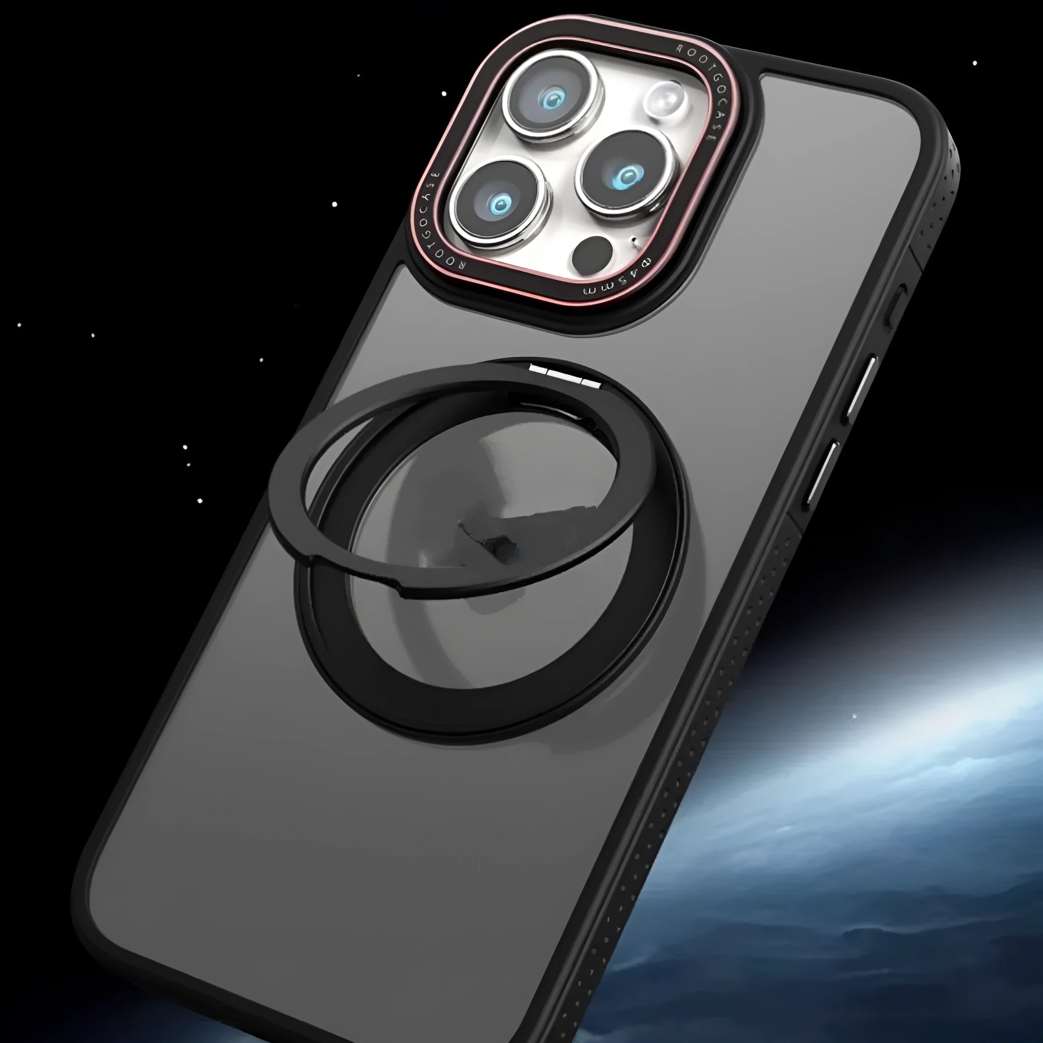 Rotary magnetic adhesive invisible bracket silicone phone case for iPhone showing bracket extended in black colour