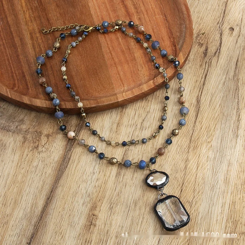 Two-layer tribal style necklace with natural stone and glass pendants on alloy chain