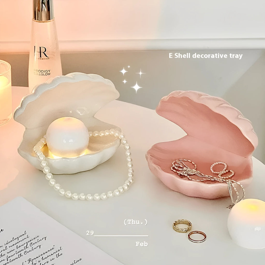 White porcelain decorative tray with optional small night light, shown in pink and yellow colour options.