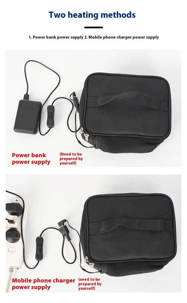 USB heating lunch bag in black Oxford cloth with power cord and thermal interior