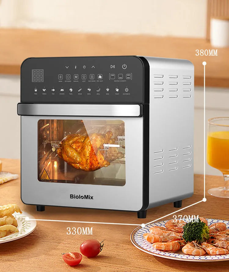 Silver stainless steel double heating air oven with 15L capacity and electronic touch panel