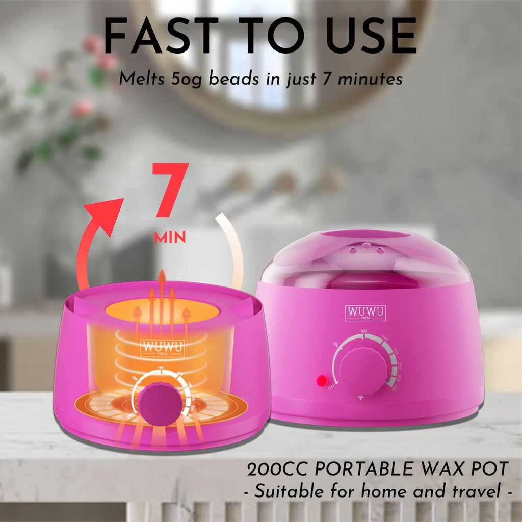 WUWUVISTA 63-piece waxing kit with black wax warmer, wax beads, application sticks, and aftercare products