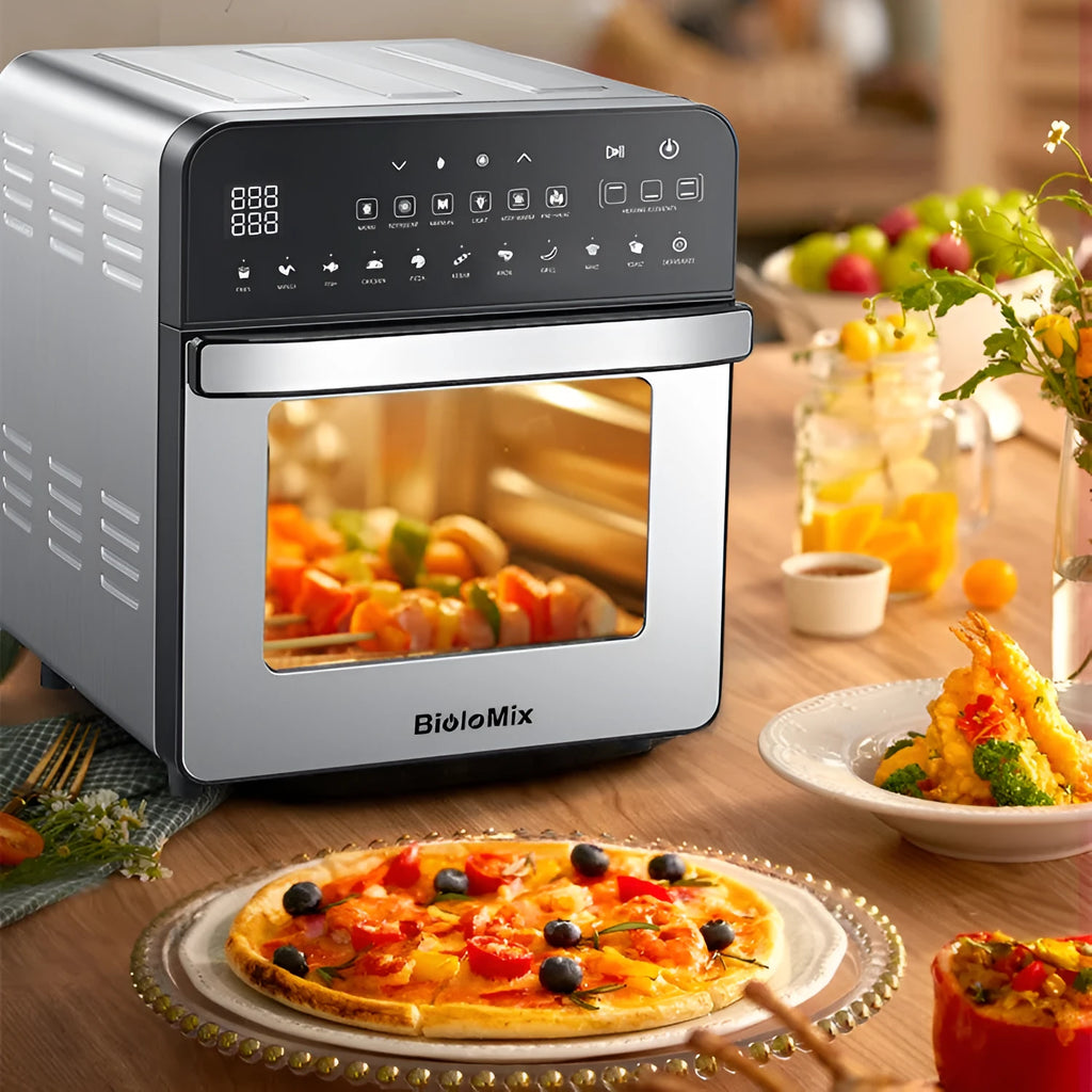 Silver stainless steel double heating air oven with 15L capacity and electronic touch panel