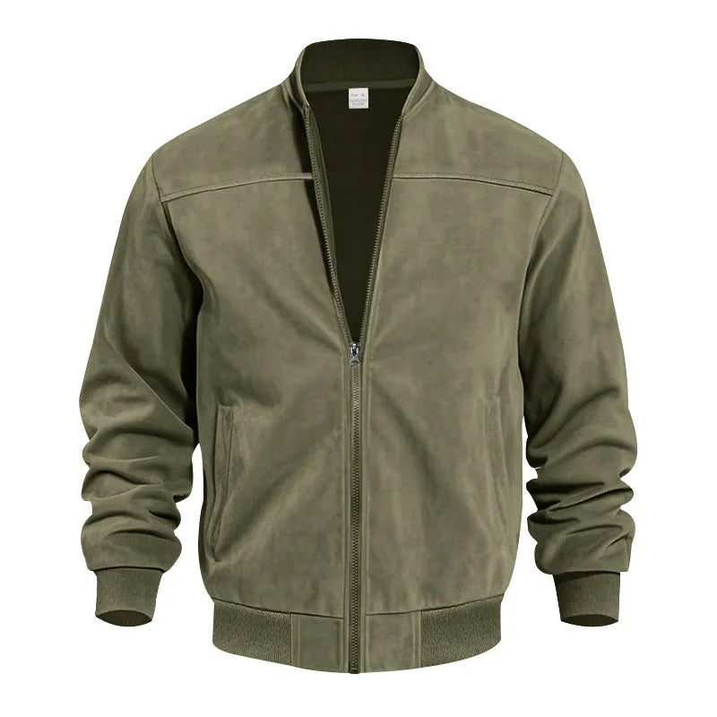 Men's plus size casual jacket in suede fabric, shown in Army Green colour with a front zipper.