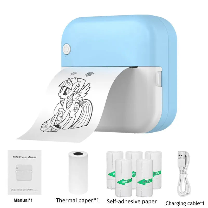 Student mini thermal label printer with USB cable, 12x9x4.6cm, includes printing paper