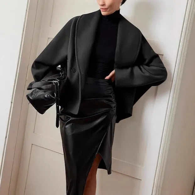 Double-breasted stand collar batwing sleeve polyester coat in solid colour for petite women