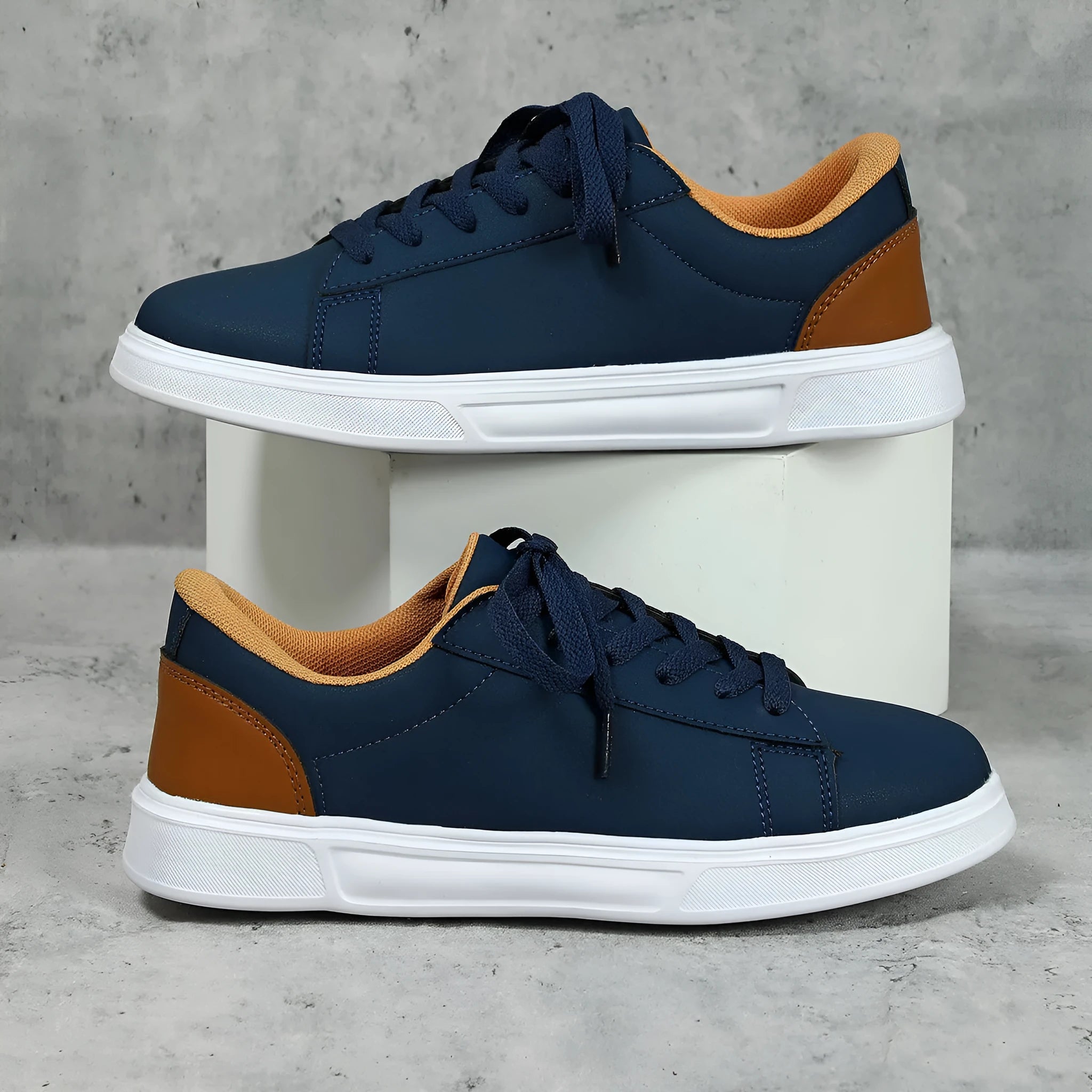 Platform skateboard sneakers in beige brown with round toe and shallow mouth design