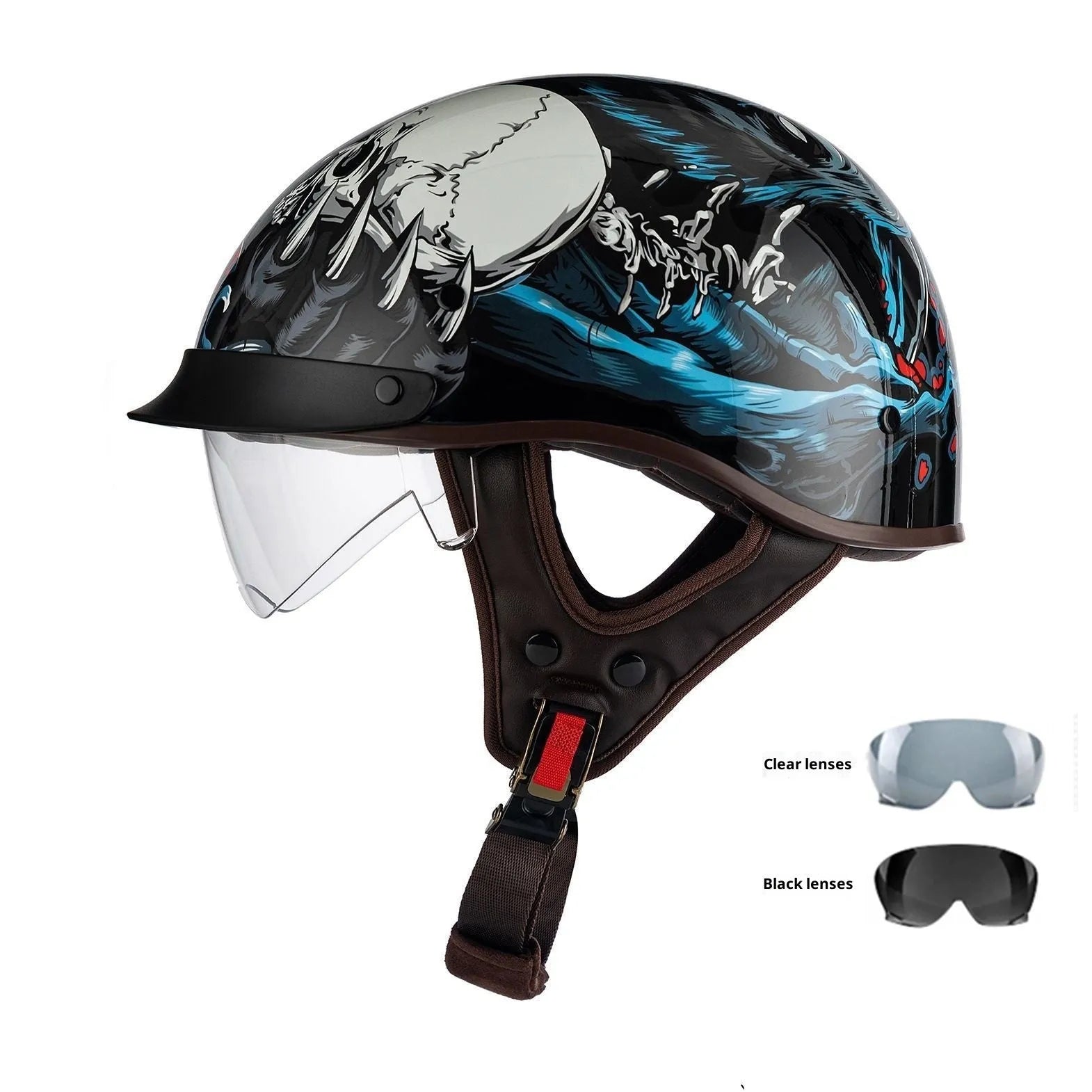 Retro electric motorcycle helmet in bright black with whiskers design on side and front vents