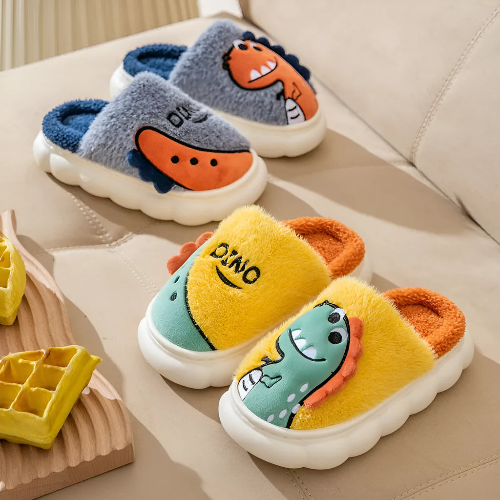 Cotton plush couple slippers with dinosaur themes in coffee, grey and orange colours
