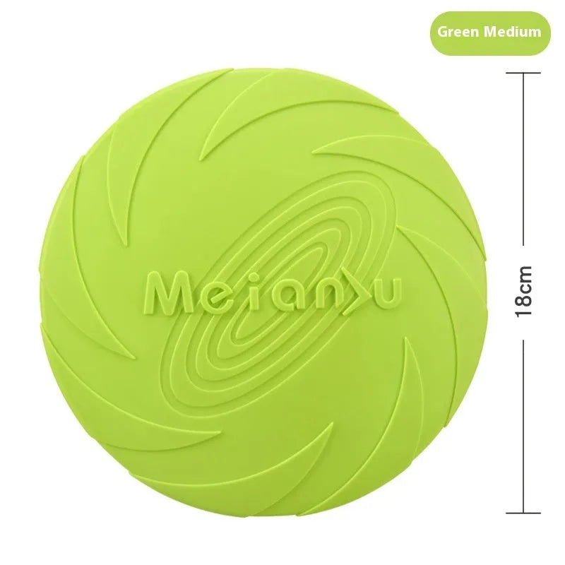 Soft rubber dog frisbee flying disc toy in red, blue, and green colours showing small, medium, and large sizes