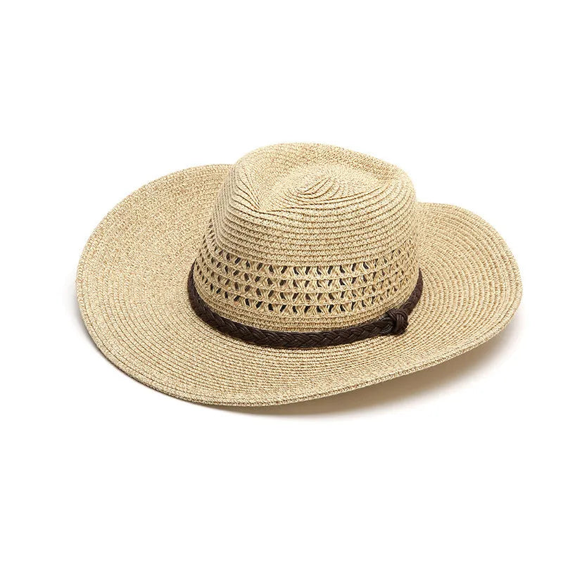 Men's foldable straw sun hat with wide brim in mixed beige colour showing size options