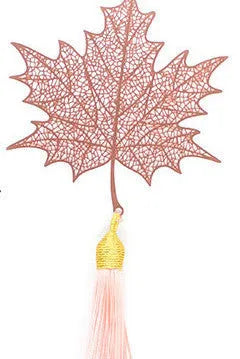 Brass bookmark with hollow-cut leaf design and matching rose gold metal tassel