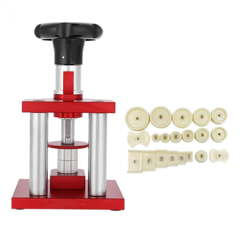 Watch repair tool with spiral cap presser device and 20 plastic moulds for bottle caps and watch backs