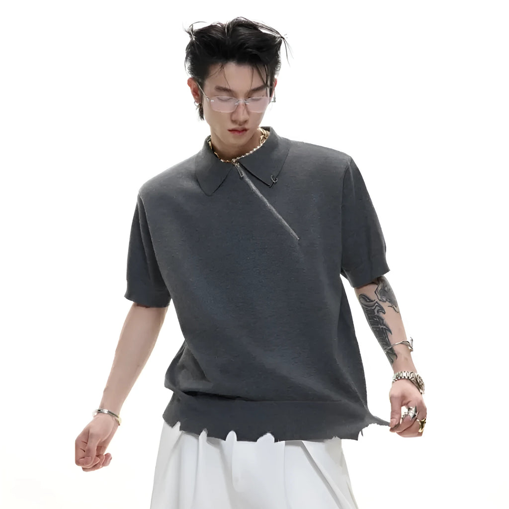 Men's black knitted polo shirt with oblique zipper and slim-fit ice-feel design