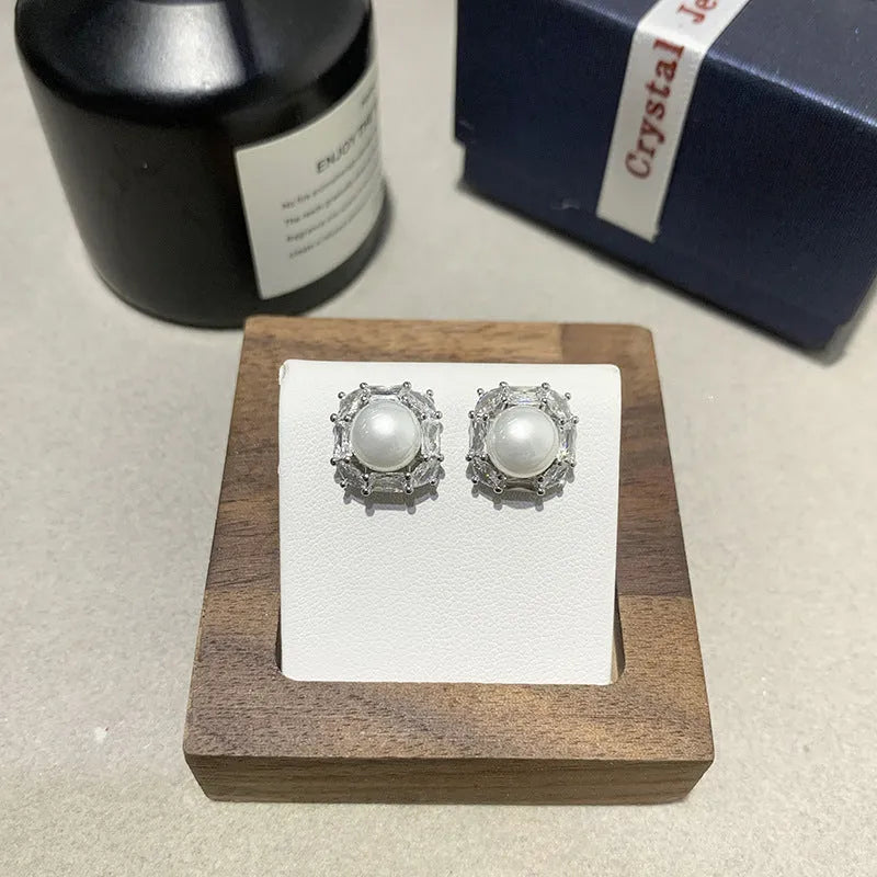 Hollow out micro inlaid zircon French pearl hook earrings for women