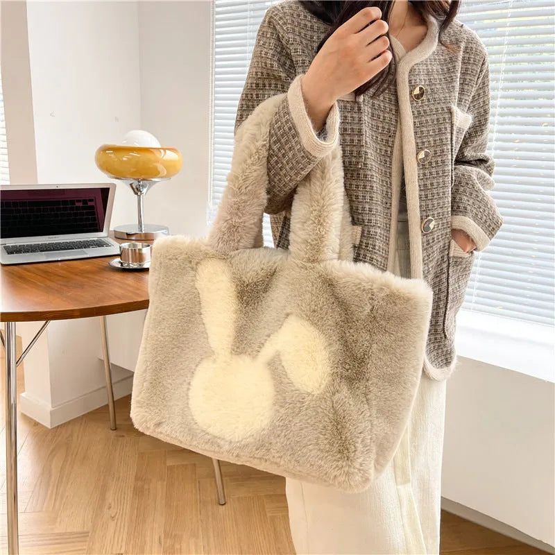 Cartoon rabbit ears plush shoulder tote bag in solid colour with large capacity