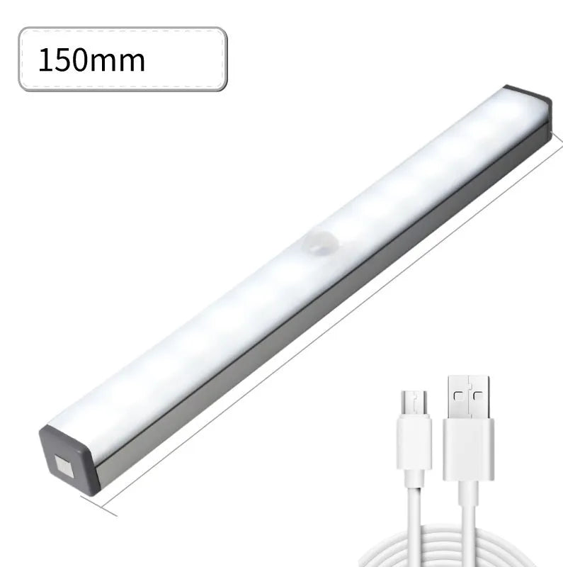 Silver aluminium LED strip light with magnetic backing for wardrobe and cupboard installation.