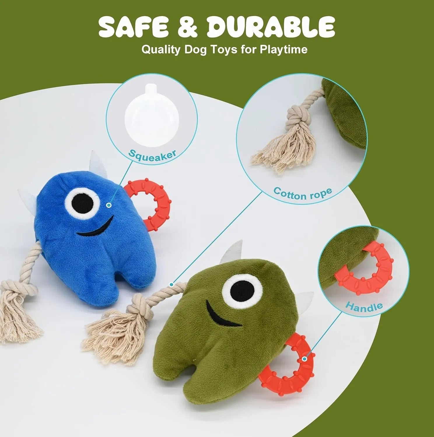 Blue and green plush dog toy with cotton rope segments and squeaker for chewing and tugging