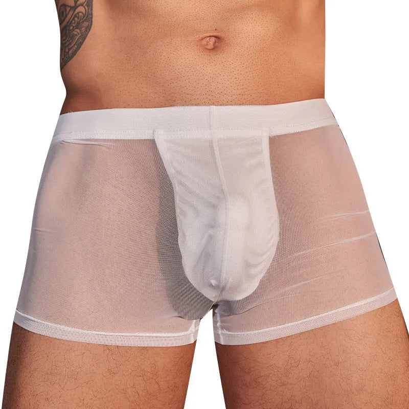 Men's black and white breathable nylon boxer briefs laid flat showing ultra-thin fabric.