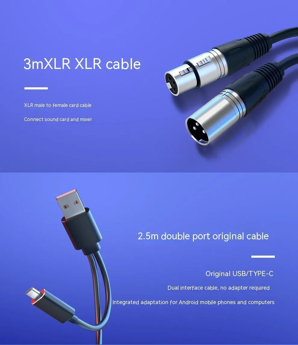 Dynamic noise reduction microphone in black, pink, or white with XLR cable, data cable, and desk base