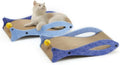 Blue fish-shaped cat scratcher pad with ball toy on elastic cord, cardboard construction with wavy lounge surface