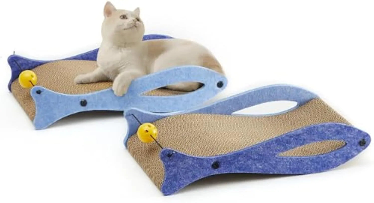 Blue fish-shaped cat scratcher pad with ball toy on elastic cord, cardboard construction with wavy lounge surface