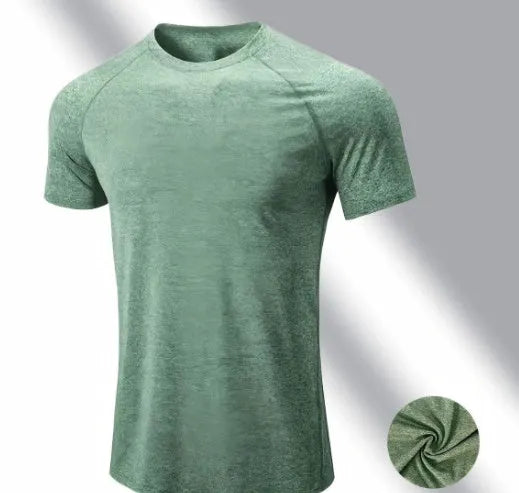 Men's casual short sleeve round neck t-shirt in black, grey, green, or pink, made from quick-dry polyester fabric.