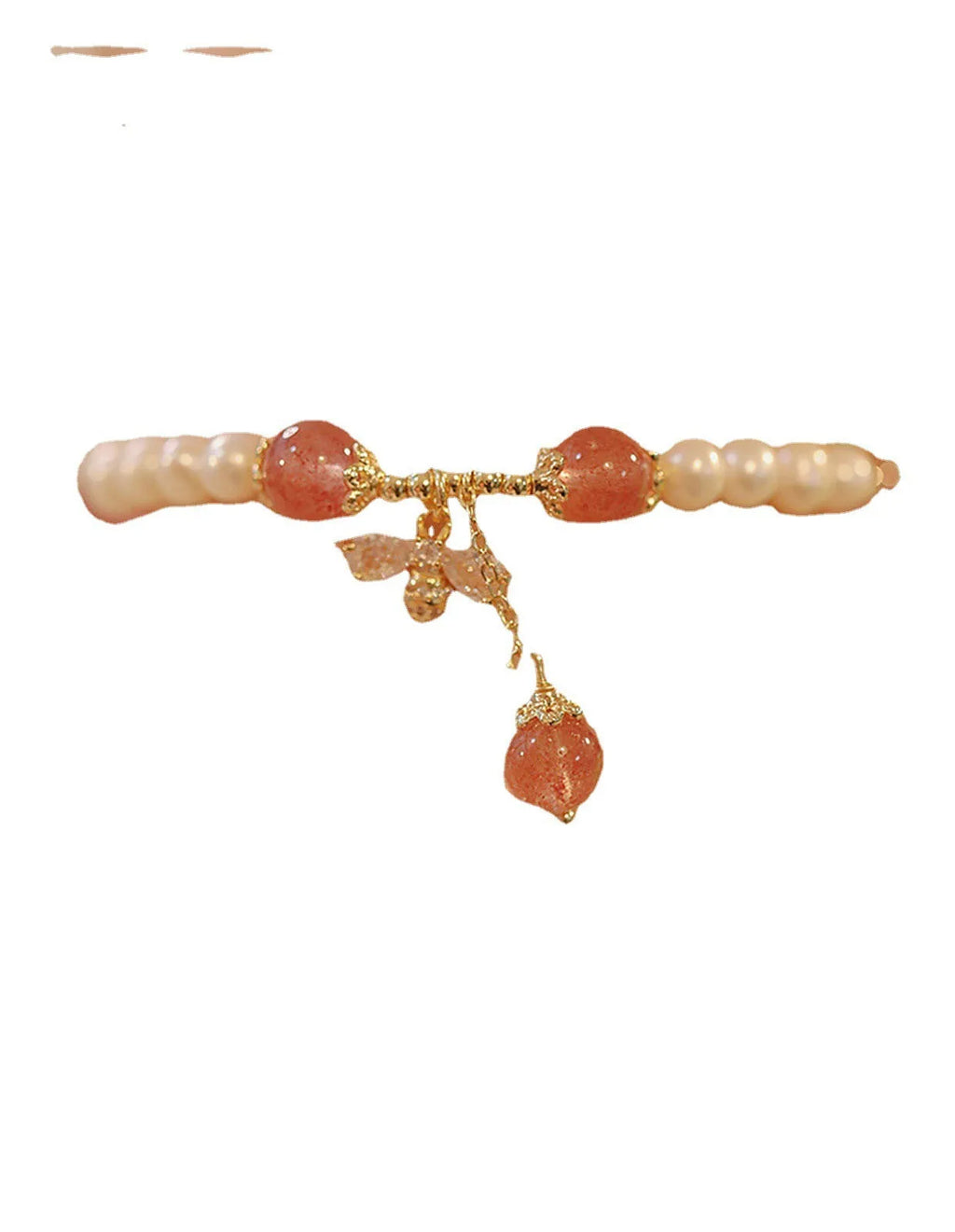 Strawberry quartz crystal bracelet with stringed pearls and bow charm in INS style