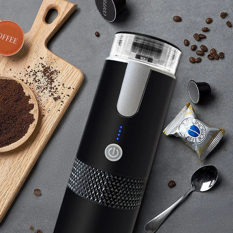 Black portable wireless electric coffee maker with 170ml water tank and USB charging cable