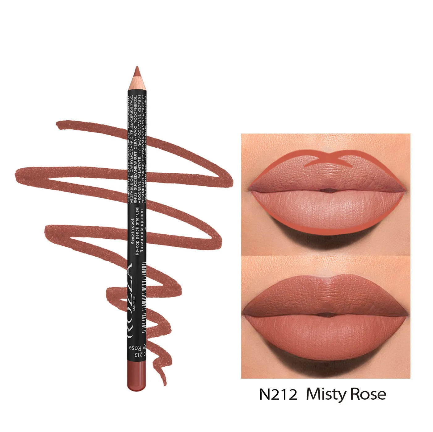 Wood-cased matte lip liner pencil in one of fourteen shades, shown on a hand