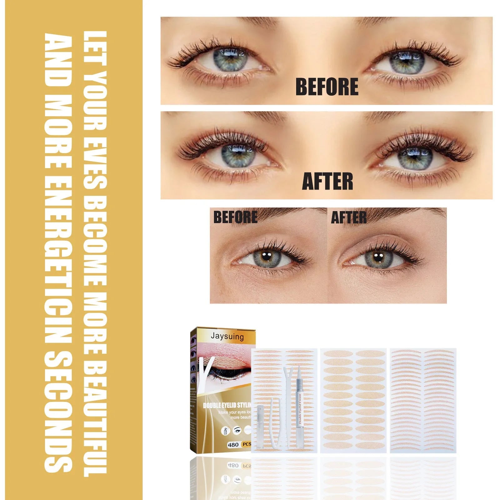 Double eyelid sticker set with 12 sheets and application tools including Y clip and spray bottle