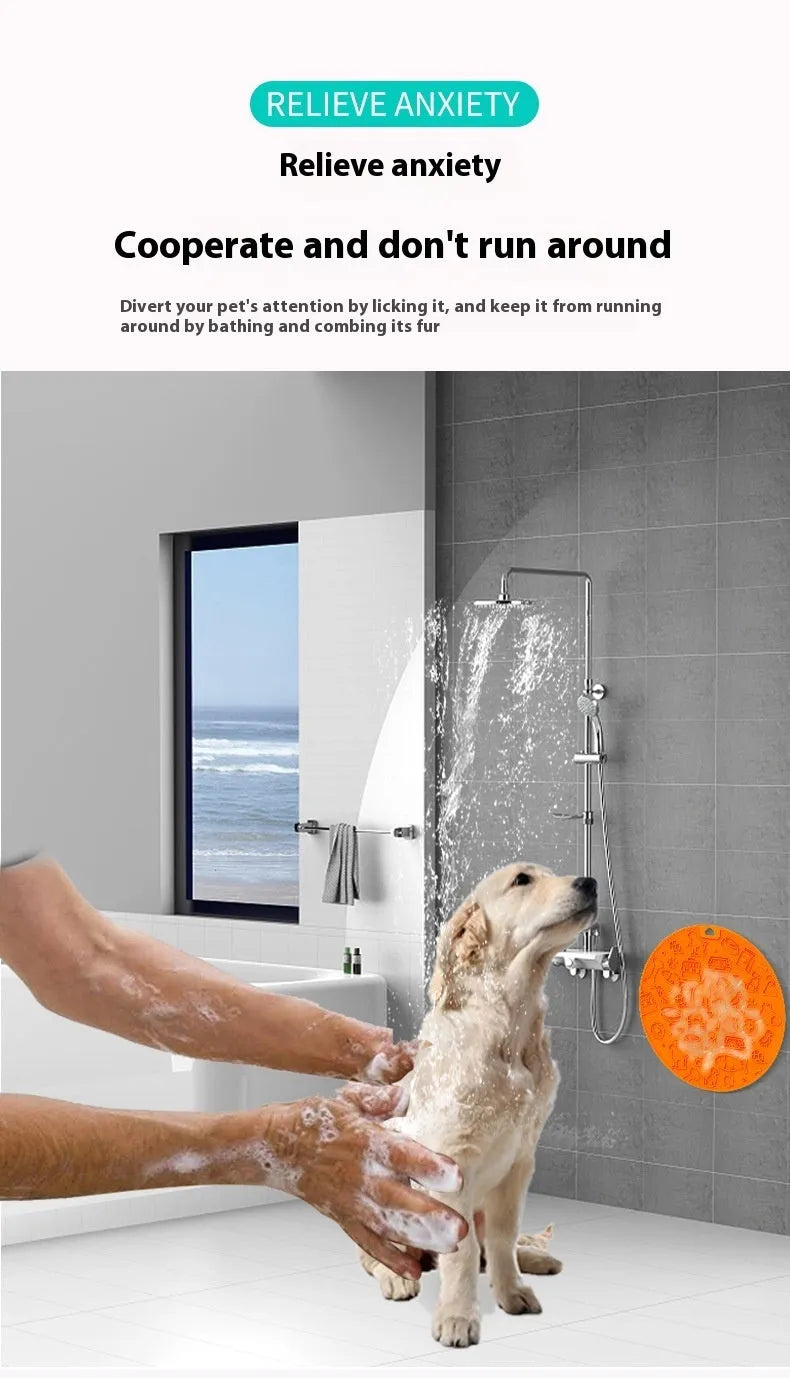 A blue silicone pet licking mat with a suction cup base on a kitchen floor.
